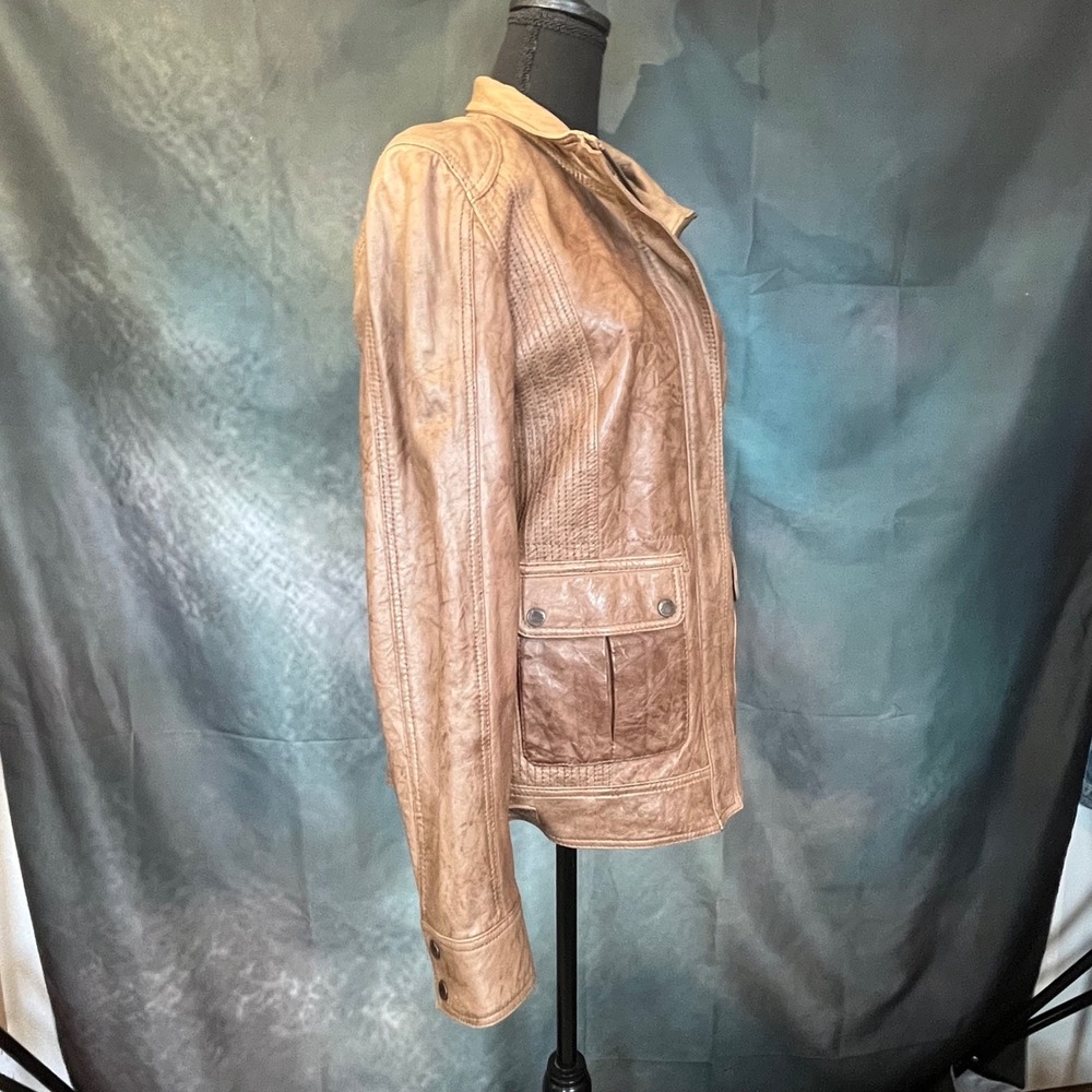 S.Oliver Distressed Lamb Napa Leather‎ Jacket Size Medium Tan Womens Moto Style - Picture 4 of 10